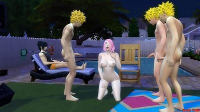 Sakura nailed by the clones of Naruto group sex in front of husband Sleeping hotwife