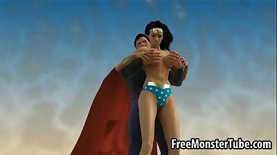 3 dimensional Wonder female gargling on Superman's rigid rod