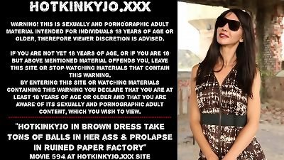 Hotkinkyjo in brown dress take tons of testicles in her ass & prolapse in demolished paper factory