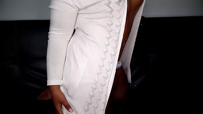 jaw-dropping and fiery ebony lady seduces you from the living room chair