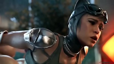 Cat woman handles 2 yam-sized dicks