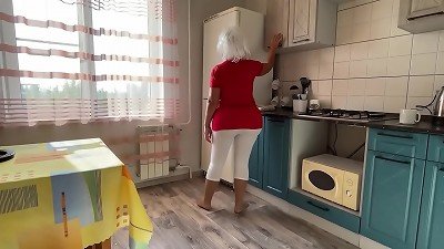 Stepmom with a thick bum sucks fuck-stick and has anal invasion lovemaking with her sonny in the kitchen